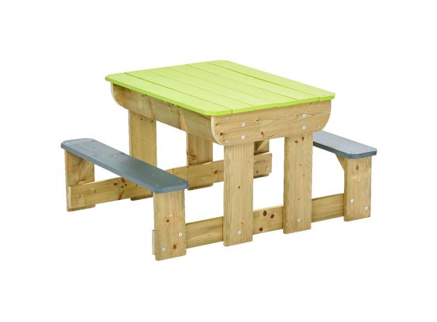 Table de pique-nique et de jeux (2 bacs) en bois avec deux bancs