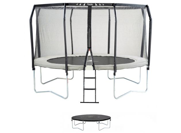 Trampoline rond Famili 360 avec filet de sécurité, échelle et bâche de protection PVC.