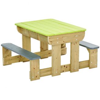 Table de pique-nique et de jeux (2 bacs) en bois avec deux bancs