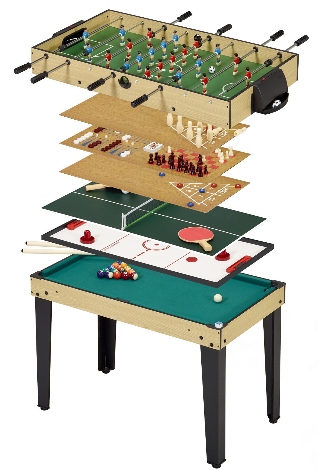 Table de jeux 10 en 1 - Baby Foot - Billard - Ping Pong - Hockey - Bowling  - Cartes - Structure Bois - Accessoires Inclus