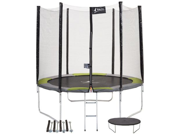 Trampoline de jardin coloré avec son filet de protection extérieur