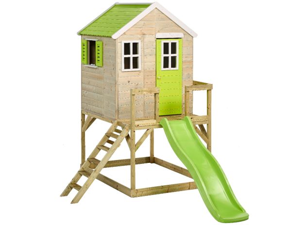 Maison en bois pour enfant 120x120cm - Avec plateforme + Toboggan - TINNI