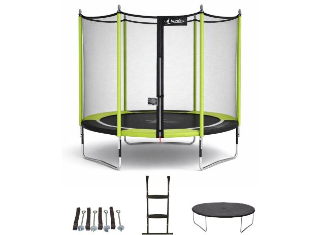 Trampoline de jardin durable - Jumpi Vert/Noir 250 + échelle + couverture + kit ancrage