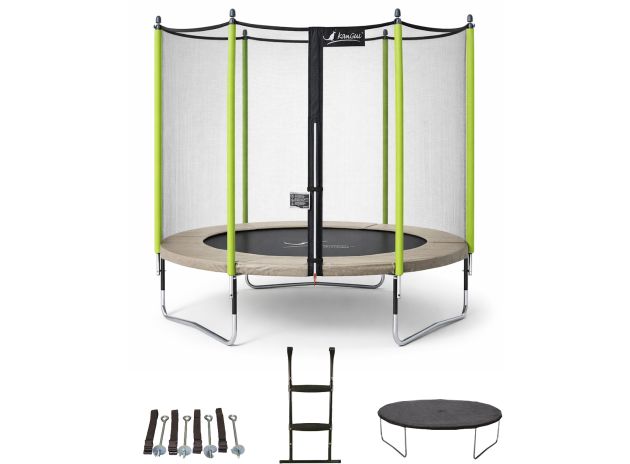 Trampoline de jardin durable - Jumpi Taupe/Vert 300 + échelle + couverture + kit ancrage