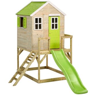 Maison en bois pour enfant 120x120cm - Avec plateforme + Toboggan - TINNI