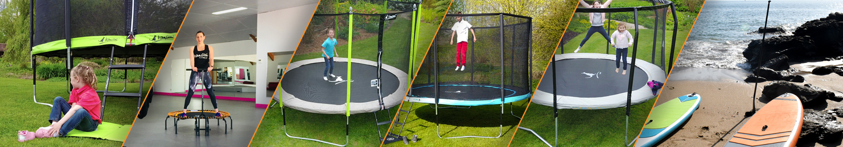 bannière montrant toute la gamme de produits kangui : trampoline de jardin / trampoline fitness / accessoires / pièces détachées / stand up paddle gonflable bannière de présentation de toute la gamme de produits kangui. Accessoires, pièces détachées, trampoline de jardin, trampoline fitness, stand up paddle gonflable